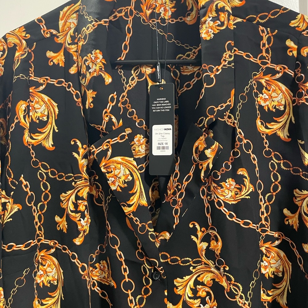 Fashion Nova Black and Gold Chain Print Top